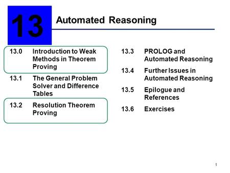 13 Automated Reasoning 13.0	Introduction to Weak 	Methods in Theorem 	Proving 13.1	The General Problem 	Solver and Difference 	Tables 13.2	Resolution.