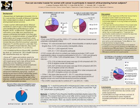 Purpose: To: 1) examine participation of target groups (older women, inner city and rural women; African-American women); and 2) assess impact of the “high.