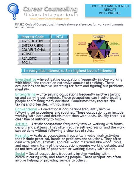 RIASEC Code of Occupational Interests shows preferences for work environments and outcomes. InvestigativeInvestigative — Investigative occupations frequently.