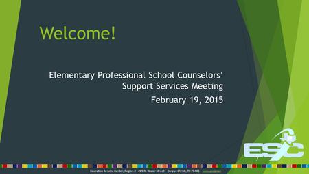 Welcome! Elementary Professional School Counselors’ Support Services Meeting February 19, 2015 Education Service Center, Region 2 - 209 N. Water Street.