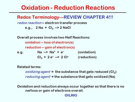 Oxidation - Reduction Reactions