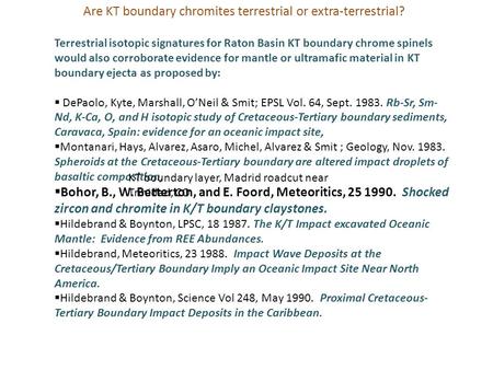 Terrestrial isotopic signatures for Raton Basin KT boundary chrome spinels would also corroborate evidence for mantle or ultramafic material in KT boundary.