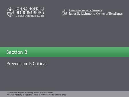  2009 Johns Hopkins Bloomberg School of Public Health; American Academy of Pediatrics Julius B. Richmond Center of Excellence Section B Prevention Is.