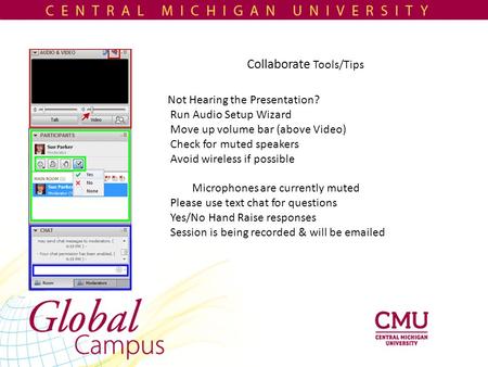 Not Hearing the Presentation? Run Audio Setup Wizard Move up volume bar (above Video) Check for muted speakers Avoid wireless if possible Microphones are.
