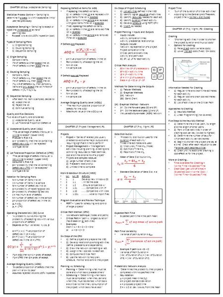 CHAPTER 10 Sup. (Acceptance Sampling) Statistical Process Control – “Sampling to determine if process is within acceptable limits” Learned previously Acceptance.