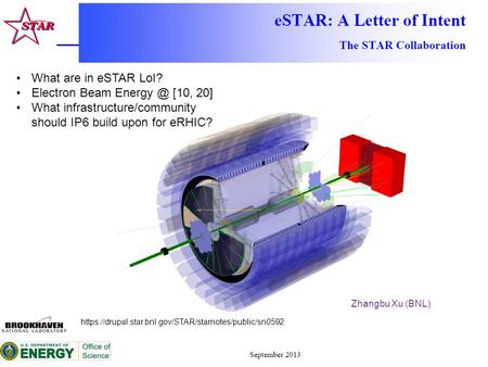 1 Zhangbu Xu (BNL) https://drupal.star.bnl.gov/STAR/starnotes/public/sn0592 What are in eSTAR LoI? Electron Beam [10, 20] What infrastructure/community.