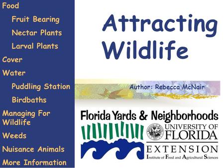 Attracting Wildlife Food Fruit Bearing Nectar Plants Larval Plants Cover Water Puddling Station Birdbaths Managing For Wildlife Weeds Nuisance Animals.