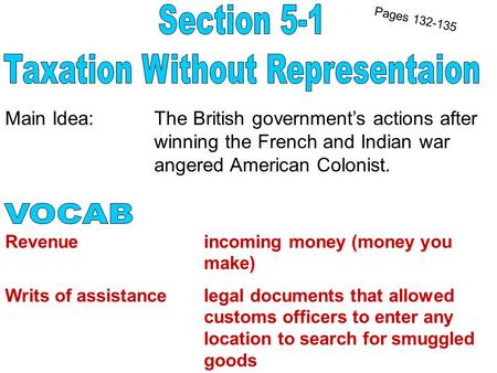 Main Idea: The British government’s actions after winning the French and Indian war angered American Colonist. Pages 132-135 Revenueincoming money (money.