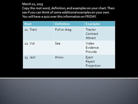 RootDefinitionExamples 21.TractPull or dragTractor Contract Attract 22.VidSeeVideo Evidence Provide 23.JectthrowEject Reject Projection March 11, 2013.