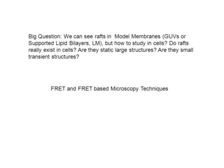 Big Question: We can see rafts in Model Membranes (GUVs or Supported Lipid Bilayers, LM), but how to study in cells? Do rafts really exist in cells? Are.