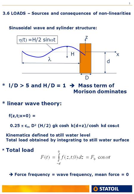 1 3.6 LOADS – Sources and consequences of non-linearities Sinusoidal wave and sylinder structure: H D d z x * l/D > 5 and H/D = 1  Mass term of Morison.