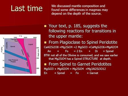 Last time Your text, p. 185, suggests the following reactions for transitions in the upper mantle: Your text, p. 185, suggests the following reactions.