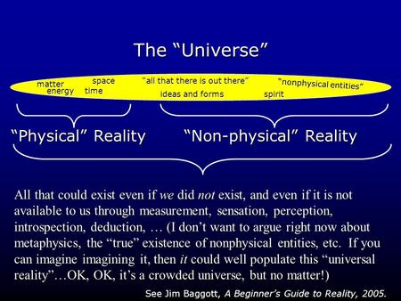 The “Universe” matter energytime space “nonphysical entities” “all that there is out there” ideas and forms spirit “Physical” Reality “Non-physical” Reality.