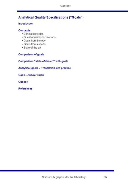 Statistics & graphics for the laboratory 35 Analytical Quality Specifications (Goals) Introduction Concepts Clinical concepts Questionnaires to clinicians.