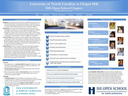 First set of chapter leaders selected. Kick-off membership meetingLunch ‘n Learn speaker eventIHI Open School Social EventUNC Hospital Quality ExpoPresentation.