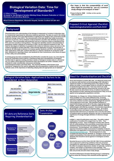 Biological Variation Data: Time for Development of Standards? Dr William A Bartlett, On behalf of the Biological Variation Working Group, European Federation.