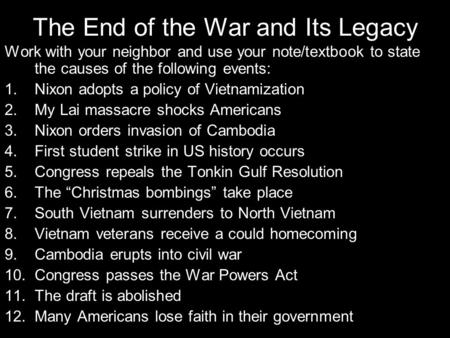 The End of the War and Its Legacy