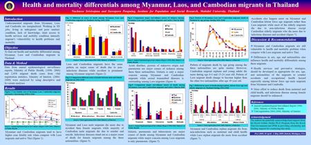 Health and mortality differentials among Myanmar, Laos, and Cambodian migrants in Thailand Nucharee Srivirojana and Sureeporn Punpuing, Institute for Population.