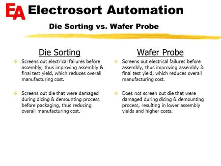 Electrosort Automation Die Sorting vs. Wafer Probe Die Sorting  Screens out electrical failures before assembly, thus improving assembly & final test.