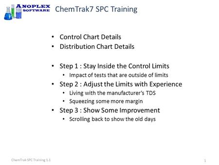 ChemTrak SPC Training 1.1 ChemTrak7 SPC Training Control Chart Details Distribution Chart Details Step 1 : Stay Inside the Control Limits Impact of tests.