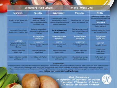 Whitmore High School Menu - Week One MondayTuesdayWednesdayThursdayFriday Creole Chicken served with Jambalaya Rice School Favourite Deep Dish Lasagne.