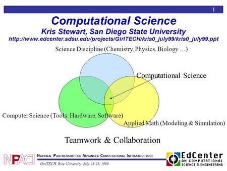 N ATIONAL P ARTNERSHIP FOR A DVANCED C OMPUTATIONAL I NFRASTRUCTURE GirlTECH, Rice University, July 13-15, 1999 Computational Science Kris Stewart, San.