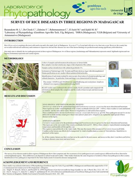 SURVEY OF RICE DISEASES IN THREE REGIONS IN MADAGASCAR Razanakoto M. L. 1, De Clerck C. 2, Zalmine F. 3, Rabemanantsoa C. 3, El Jaziri M. 4 and Jijakli.