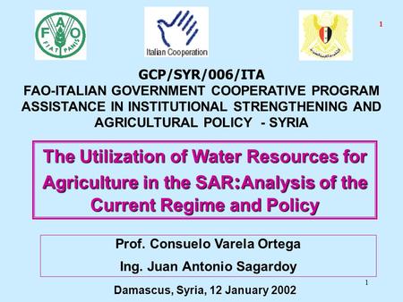 1 The Utilization of Water Resources for Agriculture in the SAR : Analysis of the Current Regime and Policy Prof. Consuelo Varela Ortega Ing. Juan Antonio.