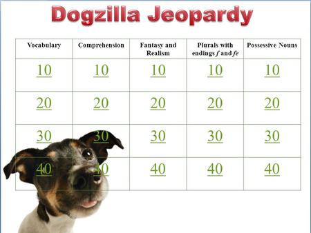 VocabularyComprehensionFantasy and Realism Plurals with endings f and fe Possessive Nouns 10 20 30 40.