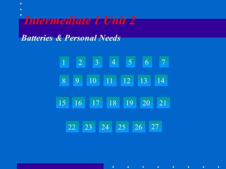 Intermediate 1 Unit 2 Batteries & Personal Needs 123 4567 89 10 111213 14 15 22 23242526 27 161718192021.