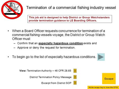 When a Board Officer requests concurrence for termination of a commercial fishing vessels voyage, the District or Group Watch Officer must –Confirm that.