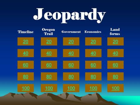 20 40 60 80 100 20 40 60 80 100 20 40 60 80 100 20 40 60 80 100 20 40 60 80 100 Jeopardy Timeline Oregon Trail GovernmentEconomics Land forms.