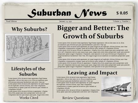 Korean War Gazette Suburban News Final EditionJanuary 14, 1951Volume 5, Number 1 Why Suburbs? Lorem ipsum dolor sit amet totam aspernatur fugit beatae.