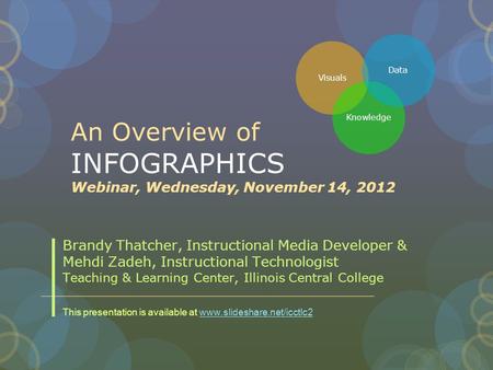 An Overview of INFOGRAPHICS Webinar, Wednesday, November 14, 2012 Brandy Thatcher, Instructional Media Developer & Mehdi Zadeh, Instructional Technologist.