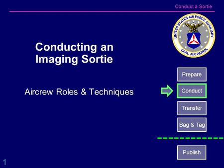 Conduct a Sortie Aircrew Roles & Techniques Conducting an Imaging Sortie 1 Prepare Conduct Transfer Bag & Tag Publish.