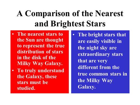 A Comparison of the Nearest and Brightest Stars The nearest stars to the Sun are thought to represent the true distribution of stars in the disk of the.