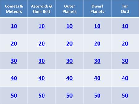 Comets & Meteors Asteroids & their Belt Outer Planets Dwarf Planets Far Out! 10 20 30 40 50.