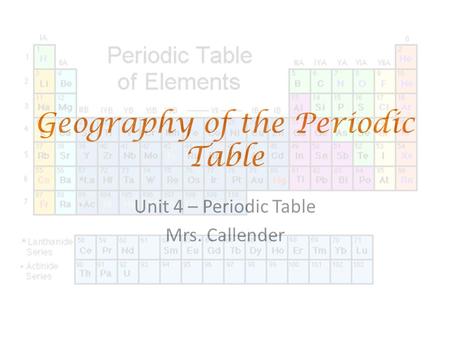 Geography of the Periodic Table Unit 4 – Periodic Table Mrs. Callender.