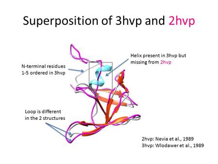 Superposition of 3hvp and 2hvp Helix present in 3hvp but missing from 2hvp N-terminal residues 1-5 ordered in 3hvp Loop is different in the 2 structures.