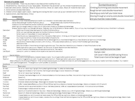 Elements of a combat round 1. Initiative=d20+Dex. There may be a feat or class feature that modifies this too 2. Movement=You may move up to your base.