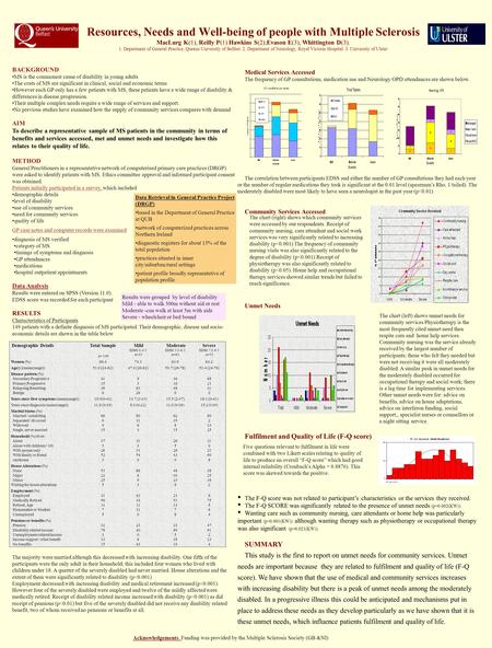 Resources, Needs and Well-being of people with Multiple Sclerosis MacLurg K(1), Reilly P(1) Hawkins S(2);Evason E(3), Whittington D(3). 1. Department of.