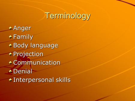 Terminology AngerFamily Body language ProjectionCommunicationDenial Interpersonal skills.