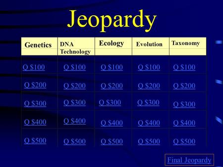 Jeopardy Genetics DNA Technology Ecology Evolution Taxonomy Q $100 Q $200 Q $300 Q $400 Q $500 Q $100 Q $200 Q $300 Q $400 Q $500 Final Jeopardy.