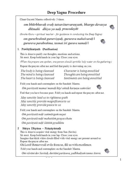 1 Deep Yagna Procedure This is done to purify our thoughts, emotions and actions. Sit erect. Keep both hands in your lap. Close your eyes. (When the prayers.