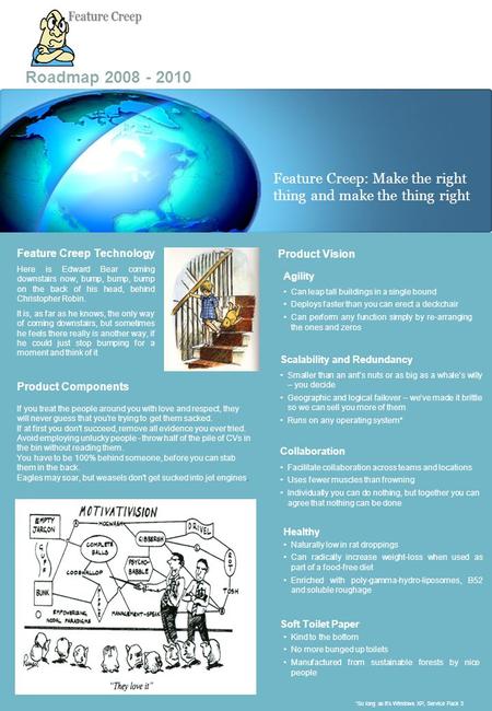 Roadmap 2008 - 2010 Feature Creep Technology Here is Edward Bear coming downstairs now, bump, bump, bump on the back of his head, behind Christopher Robin.