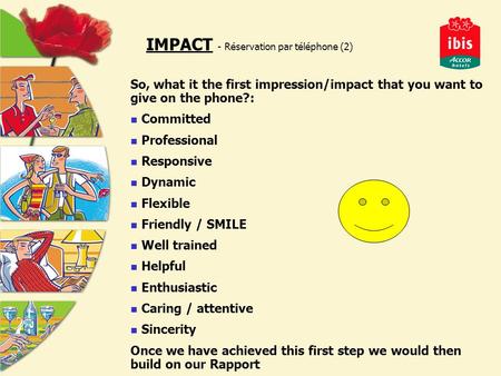 So, what it the first impression/impact that you want to give on the phone?: Committed Professional Responsive Dynamic Flexible Friendly / SMILE Well trained.