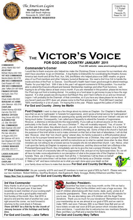 Nonprofit org. U.S. Postage PAID Pensacola, FL Permit No. 385 The American Legion Warrington Post 240 8666 Gulf Beach Highway Pensacola FL 32507-2639 ADDRESS.