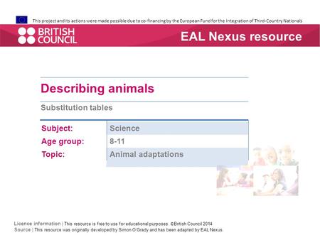 This project and its actions were made possible due to co-financing by the European Fund for the Integration of Third-Country Nationals Describing animals.