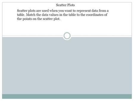 Scatter Plots Scatter plots are used when you want to represent data from a table. Match the data values in the table to the coordinates of the points.