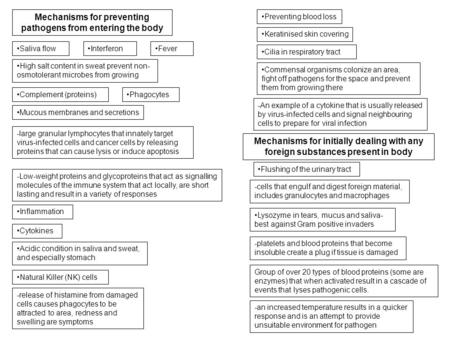 Mechanisms for preventing pathogens from entering the body Mechanisms for initially dealing with any foreign substances present in body Mucous membranes.